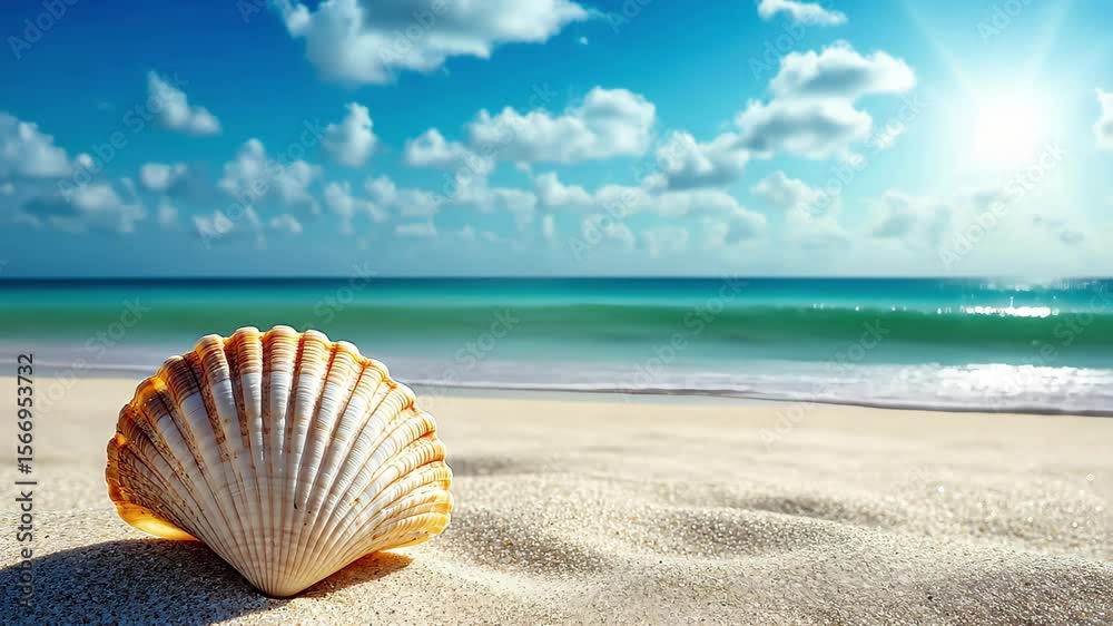 Seashell resting on soft sand under bright blue sky and sun near tranquil ocean waves, Seashell sits on sandy beach under blue sky, with sunlight creating shadows