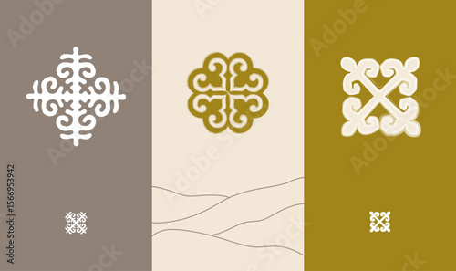 A traditional hand-drawn Kazakh ethnic pattern set in pastel steppe colors.