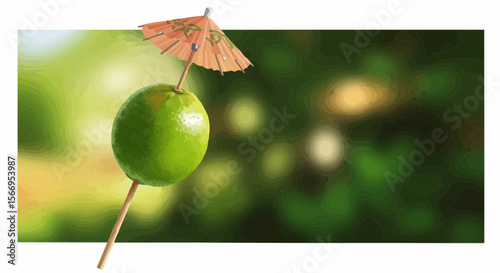 Lime with umbrella decoration on skewer in citrus garden setting  