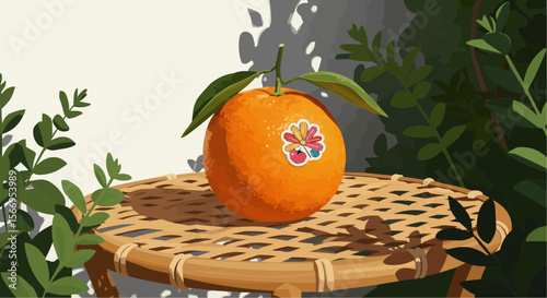 Orange fruit with sticker placed on wicker table in garden  