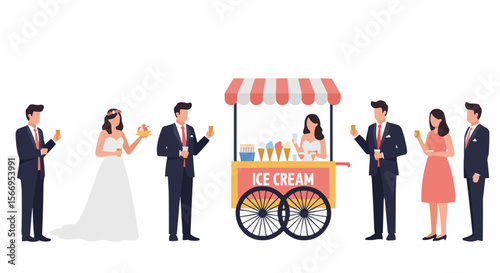 Wedding guests enjoying ice cream from cart in playful celebration  