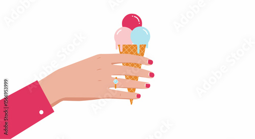 Hand holding three ice cream scoops in a cone on white background  
