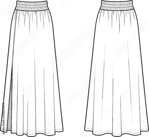 Long skirt technical sketch, elastic waist skirt flat drawing, vector fashion template, slit skirt illustration, apparel design outline