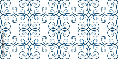 Seamless pattern of blue curls on white background. Frost pattern on the window. Geometric ornament in ethnic style. Monochrome ornamental background of swirls. Winter holiday decor.