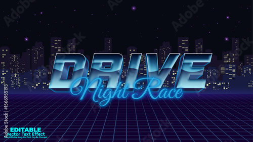 Drive night race 80s and 90s retro style 3d editable vector text effect. Bold colorful vaporwave and synthwave designs with grid, and metallic cyberpunk style retro background.