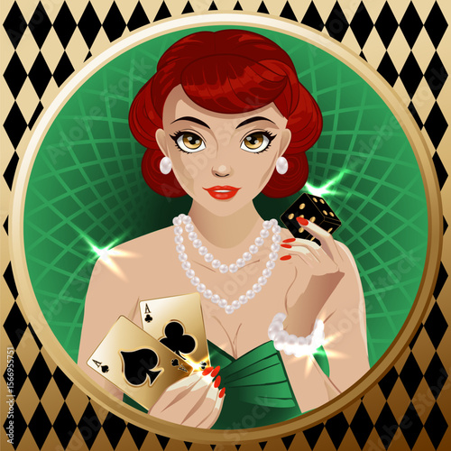 Casino girl with dice and Pocket Aces , art deco vip card, vector illustration