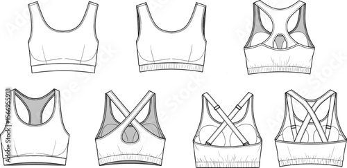 Sports bra technical flat sketch, racerback cross straps, workout activewear design, fashion vector template, gym top illustration, apparel drawing