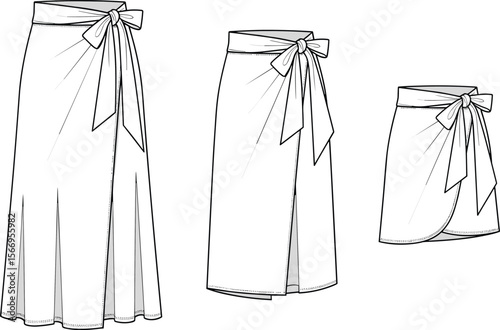 Fashion sketch of stylish wrap skirts, long, midi, mini length, bow tie waist design, garment flat sketch, apparel illustration, vector template