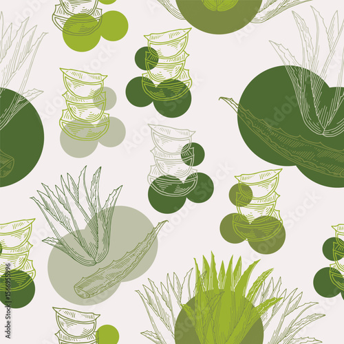 Aloe vera green seamless pattern background with shapes. Ecology concept in beauty industry. Hand drawn plant from package design. Aloe wallpaper for branding natural concepts