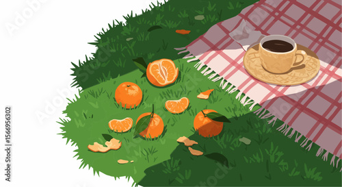 Flat Vector Art, citrus garden party with oranges and coffee on grass  