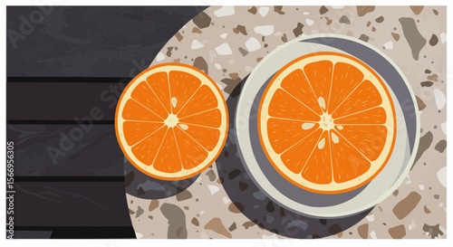 Sliced orange on a plate in modern style on textured surface  