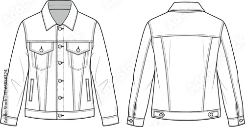Vector denim jacket technical flat sketch, trucker style with chest flap pockets, side welt pockets, adjustable back tabs