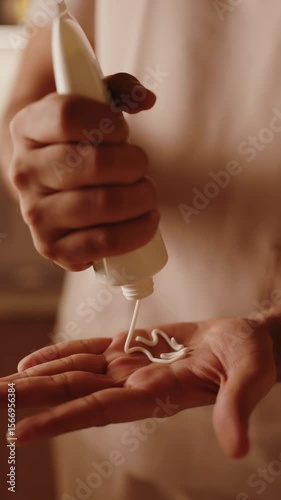 Squeezing cream from tube into palm