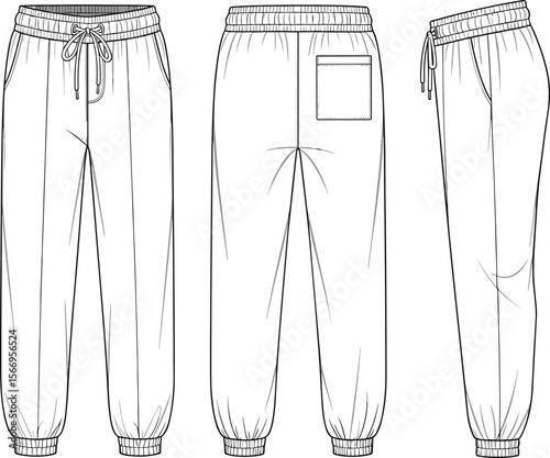 Vector jogger pants technical flat sketch, sweatpants with elastic cuffs, drawstring waist, back patch pocket, line art