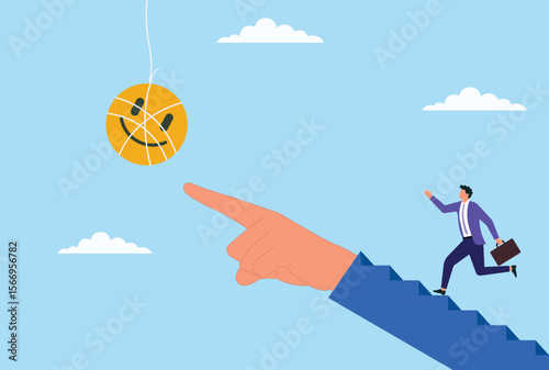 Businessman running on a helping hand toward a smiling face icon, representing the importance of customer feedback, support, and building strong client relationships in business growth
