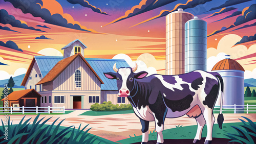 Modern Dairy Farm with Cows and Silos cartoon vector Rural Livestock Illustration