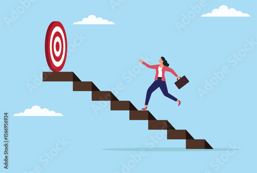 Vector illustration of a businesswoman running up stairs toward a target, symbolizing determination, goal pursuit, career growth, and striving for success in business
