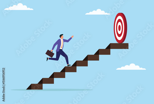 Vector illustration of a businessman running up stairs toward a target, symbolizing determination, goal achievement, career advancement, and the pursuit of business success

