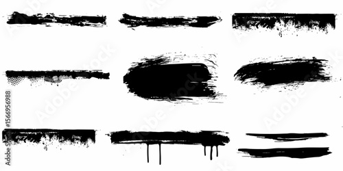 Set of black oil paint brush strokes Grunge Brushes ,Dirty textures of banners, boxes, frames, Painted objects isolated on white background 
