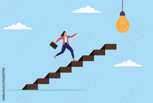 Vector illustration of a businesswoman running up stairs toward a light bulb, symbolizing ambition, creativity, and the journey toward innovative ideas and professional success

