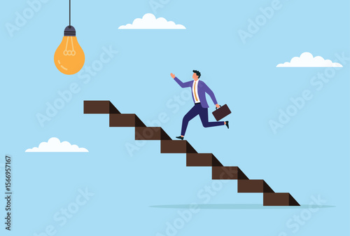 Vector illustration of a businessman running up a stair toward a light bulb, symbolizing the pursuit of innovation, growth, bright ideas, and creative business solutions
