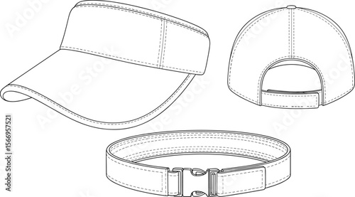 Vector line drawing sports cap, visor cap, adjustable buckle strap, back view, front view, detailed stitching, fashion accessory design template