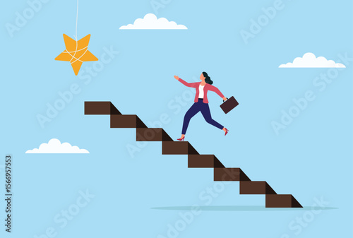 Vector illustration of a businesswoman running up a stair toward a star, symbolizing the pursuit of positive customer reviews, high ratings, and excellence in service delivery
