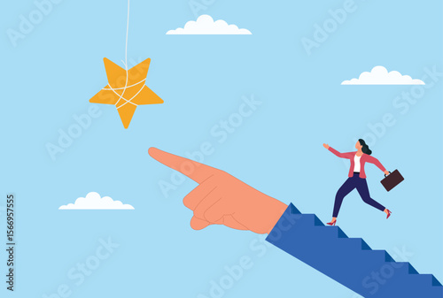Vector illustration of a businesswoman running on a helping hand toward a star, symbolizing the importance of customer reviews, support, and striving for excellence in service
