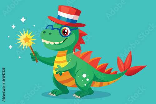 A cute, funny, green cartoon baby dragon character, a wild reptile monster illustration, happily offers a gift
