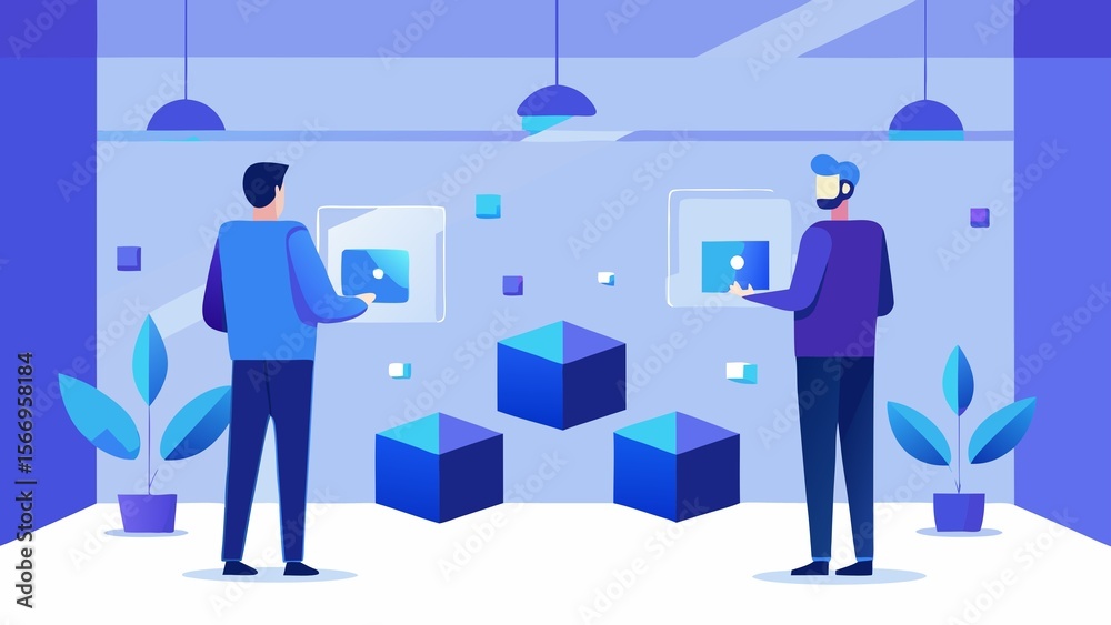 Fototapeta premium Photo of two men interact with digital interfaces in a blue room