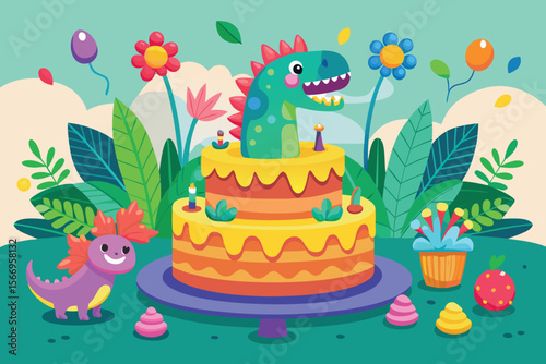 Happy Easter celebration cake with eggs, flowers, and tulips illustration