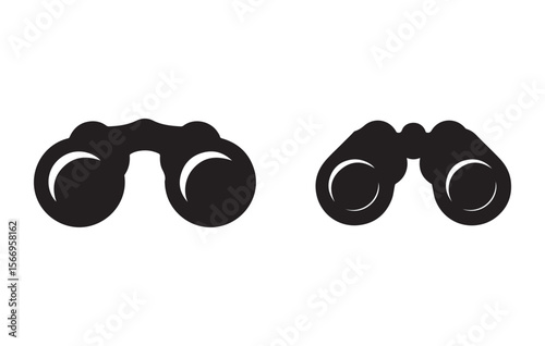 Black binoculars icons with white highlights optical instrument viewing