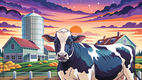 Modern Dairy Farm with Cows and Silos cartoon vector Rural Livestock Illustration