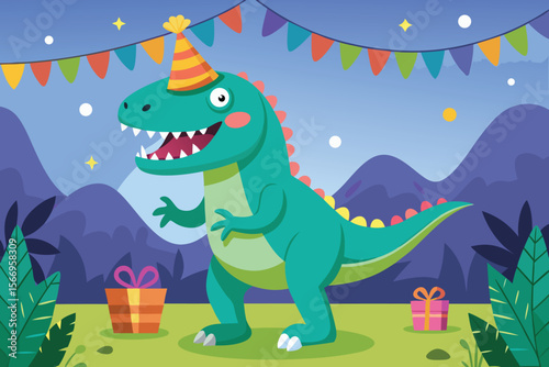 A fun cartoon green dinosaur vector illustration in the forest