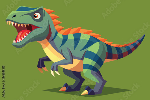 Cartoon tyrannosaurus rex dinosaur vector illustration with a cute green monster character