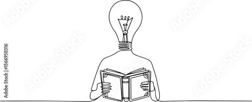  continuous line drawing of a figure with a light bulb head holding an open book in a relaxed pose, symbolizing knowledge and ideas