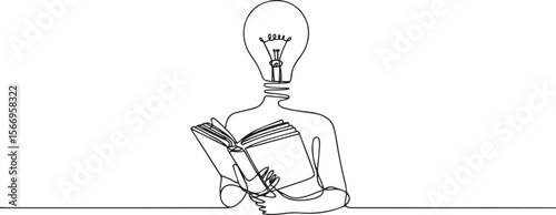  continuous line drawing of a figure with a light bulb head holding an open book in a relaxed pose, symbolizing knowledge and ideas