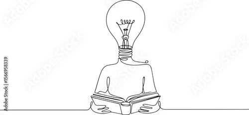  continuous line drawing of a figure with a light bulb head holding an open book in a relaxed pose, symbolizing knowledge and ideas