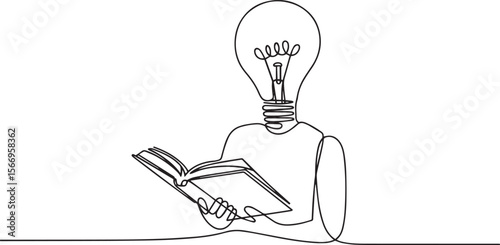  continuous line drawing of a figure with a light bulb head holding an open book in a relaxed pose, symbolizing knowledge and ideas