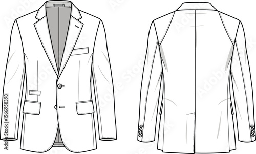 Men’s blazer jacket technical flat sketch, vector CAD template, classic suit coat fashion design with lapel and pocket details