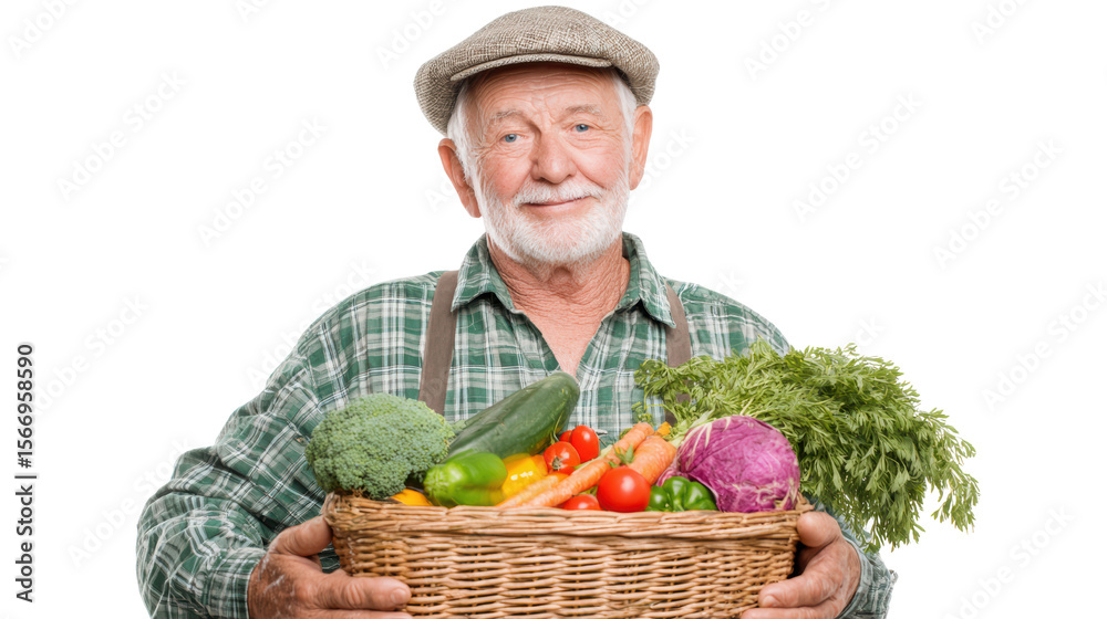 Fototapeta premium Smiling elderly man holding a basket of fresh vegetables, isolated on a white background.