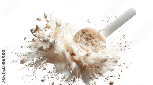 Scoop of protein powder splashing against a white background.