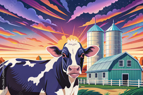 Modern Dairy Farm with Cows and Silos cartoon vector Rural Livestock Illustration