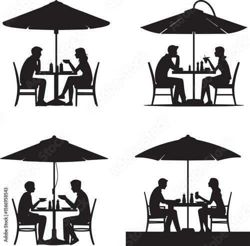 Silhouettes of Couples Dining Under Umbrella at Outdoor Café – Ideal for Restaurant, Outdoor Dining, and Socializing Illustrations for Relaxed Lifestyle Themes