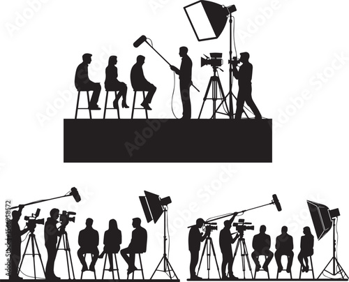 Film Crew Silhouette Setting Up Shots with Camera and Lighting Equipment – Perfect for Movie Production, Filmmaking, and Studio Photography Illustrations
