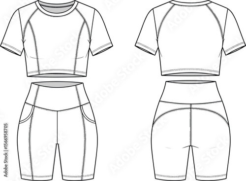 Activewear crop top and biker shorts technical flat, vector CAD, athletic set fashion template with seam lines and panels