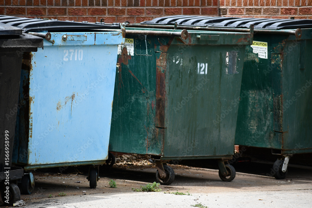 Several dumpsters waiting for pickup. Several dumpsters waiting for pickup.
