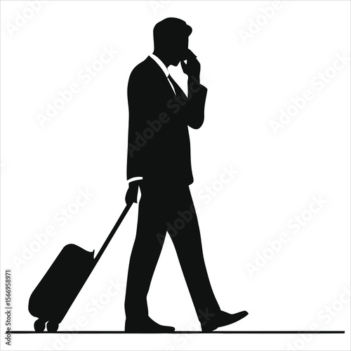 Vector Silhouette Of Businessman on the Move with Luggage Talking on Phone/A silhouette of a businessman walking while talking on a phone and pulling a suitcase.