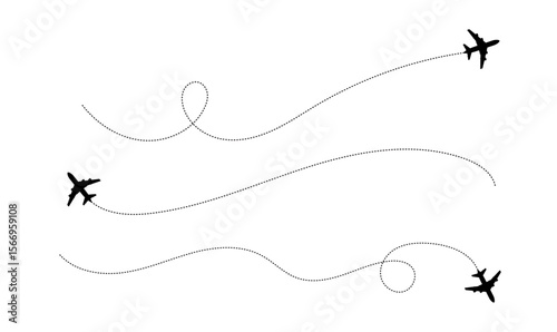 Airplane flight path silhouette illustration with dotted lines on white background