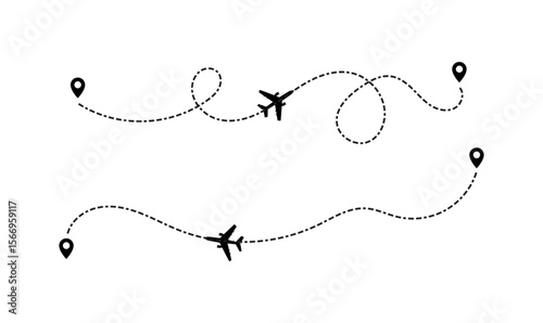 Airplane flight path with dashed lines and location pins vector illustration